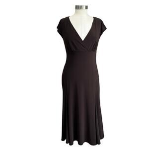 Y2K DressBarn Chocolate Brown Slinky Midi Dress 10 Stretch V Neck Elegant